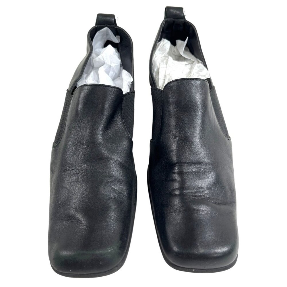 Black Leather Slip-On Shoes With Block Heel & Elastic Panels Womens Size 8 33a